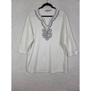 Quacker Factory Tunic Blouse Womens L White Beaded Rhinestone V Neck 3/4 Sleeve